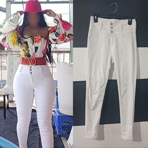 Women gold triple button white butt lift jeans